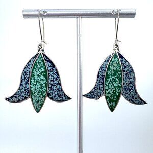 Crushed Turquoise & Lapis Tulip Dangle Earrings 925 Sterling Silver 2" Length